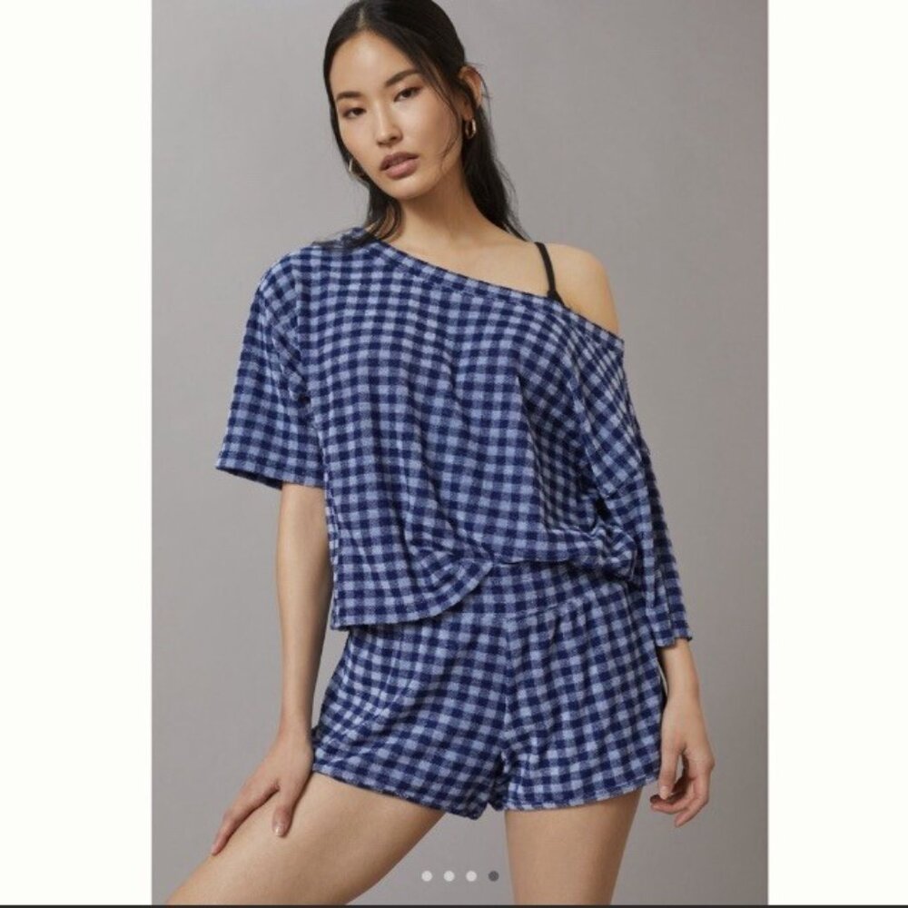 Anthropologie Daily Practice Blue Gingham Barsa French Terry Short Set